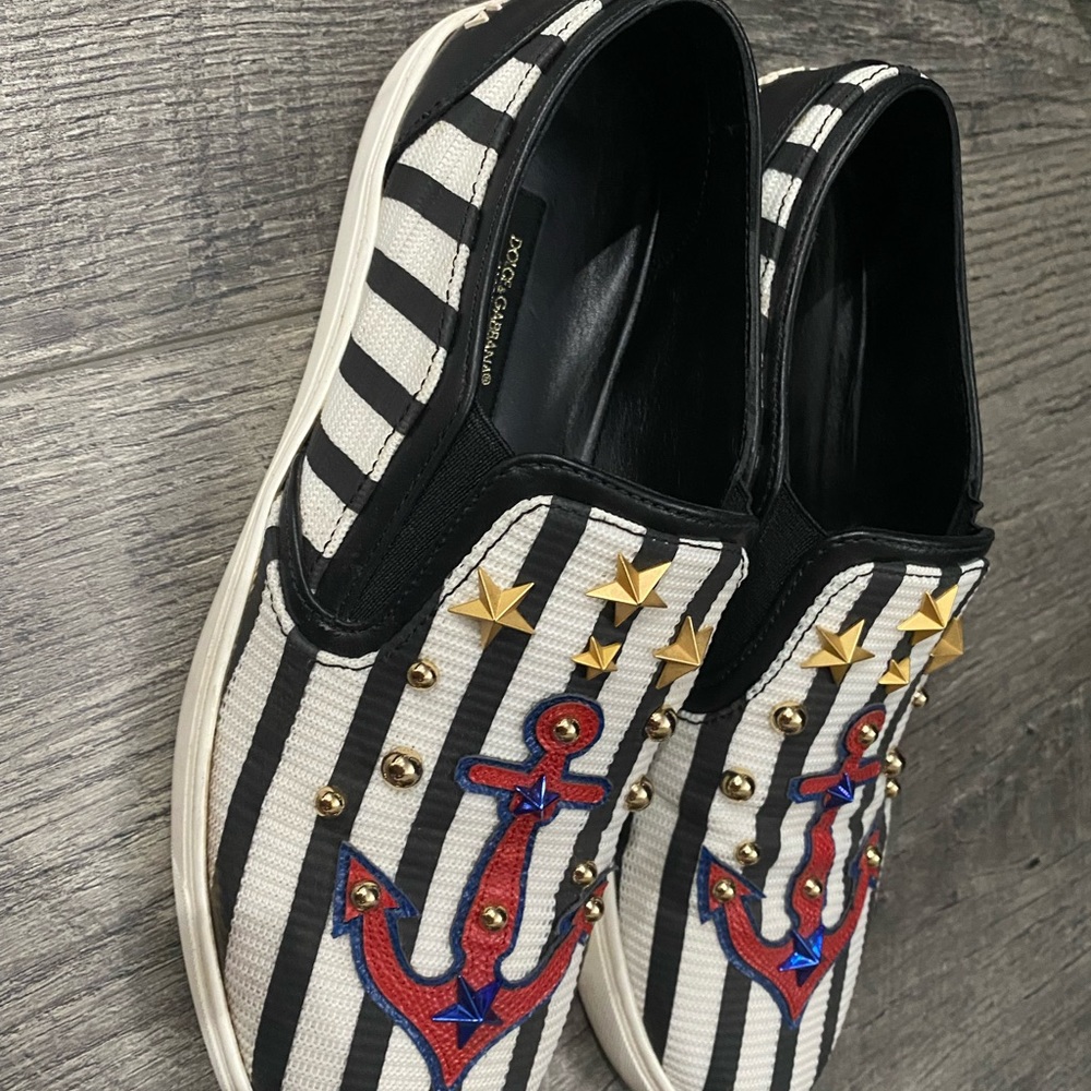 Striped Anchor Embroidered Slip-On Sneakers in Black & White with Red Accent - Picture 2 of 4